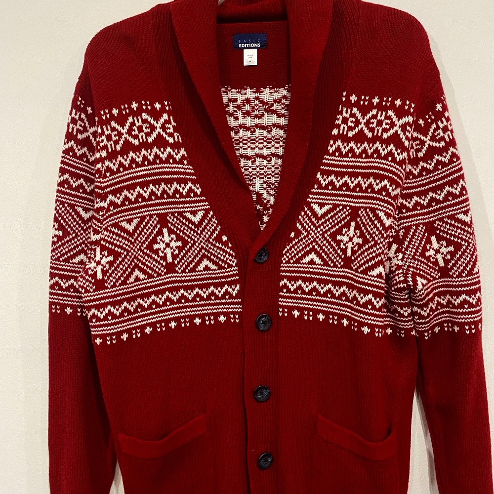 Basic Editions Men's Cardigan Sweater Red White Holiday Nordic Rolled